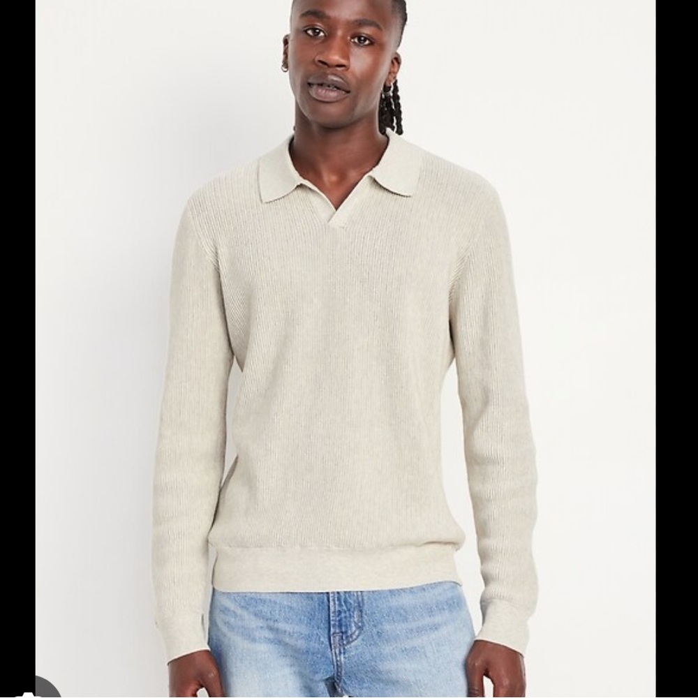 Old Navy Men’s Medium Cream V-Neck Collared Polo Knit Cotton Sweater